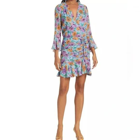 Veronica Beard Silk Floral Ruched Sean Dress Lake Blue Multi Bell Sleeve Flounce - Picture 10 of 10